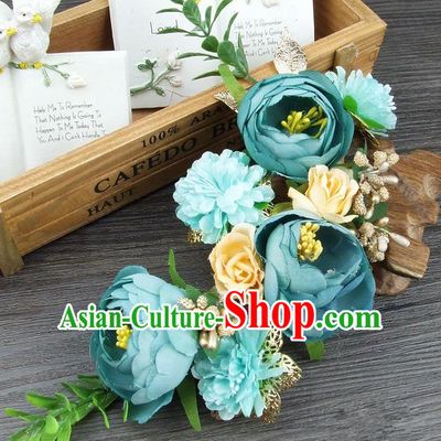 Top Grade Handmade Wedding Hair Accessories Green Silk Flowers Hair Stick Headpiece, Baroque Style Bride Headwear for Women