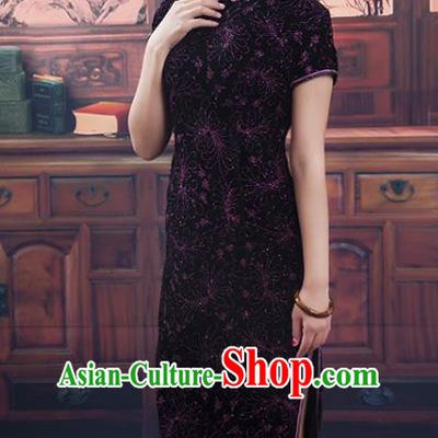 Traditional Chinese National Costume White Qipao Printing Deep Purple Cheongsam Chirpaur Dress for Women