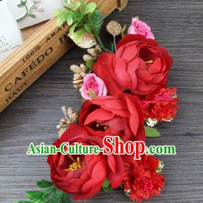 Top Grade Handmade Wedding Hair Accessories Red Silk Rose Flowers Hair Stick Headpiece, Baroque Style Bride Headwear for Women