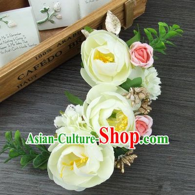 Top Grade Handmade Wedding Hair Accessories Yellow Silk Rose Flowers Hair Stick Headpiece, Baroque Style Bride Headwear for Women