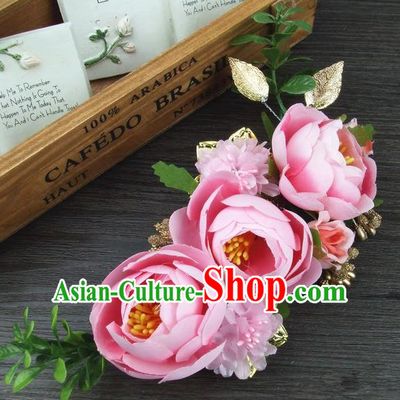 Top Grade Handmade Wedding Hair Accessories Pink Silk Rose Flowers Hair Stick Headpiece, Baroque Style Bride Headwear for Women
