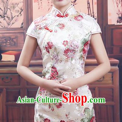 Traditional Chinese National Costume Tang Suit Short White Silk Qipao, China Ancient Cheongsam Printing Chirpaur Dress for Women