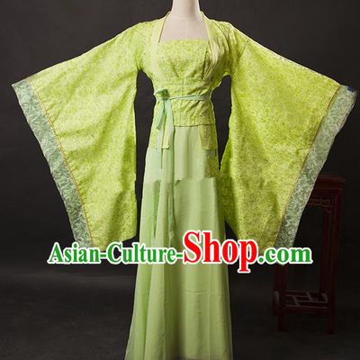 Asian China Ancient Tang Dynasty Palace Lady Costume, Traditional Chinese Hanfu Embroidered Green Dress Clothing for Women