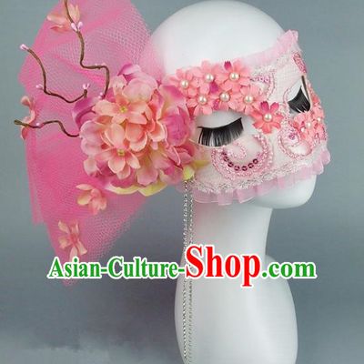 Top Grade Handmade Exaggerate Fancy Ball Accessories Model Show Pink Veil Mask, Halloween Ceremonial Occasions Face Mask