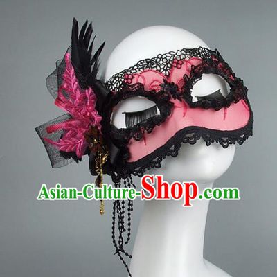 Top Grade Handmade Exaggerate Fancy Ball Accessories Model Show Pink Lace Feather Mask, Halloween Ceremonial Occasions Face Mask