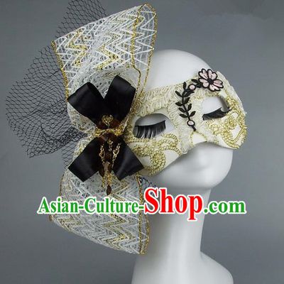 Top Grade Handmade Exaggerate Fancy Ball Accessories Model Show White Lace Bowknot Mask, Halloween Ceremonial Occasions Face Mask