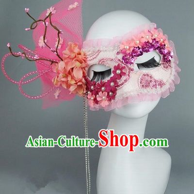 Top Grade Handmade Exaggerate Fancy Ball Accessories Model Show Pink Veil Bowknot Mask, Halloween Ceremonial Occasions Face Mask