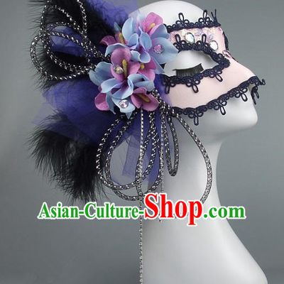 Top Grade Handmade Exaggerate Fancy Ball Model Show Black Feather Mask, Halloween Ceremonial Occasions Face Mask