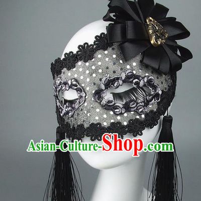 Top Grade Handmade Exaggerate Fancy Ball Model Show Black Lace Tassel Mask, Halloween Ceremonial Occasions Face Mask