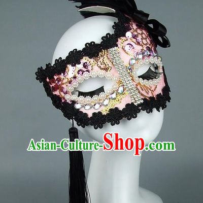 Top Grade Handmade Exaggerate Fancy Ball Model Show Lace Tassel Pink Mask, Halloween Ceremonial Occasions Face Mask