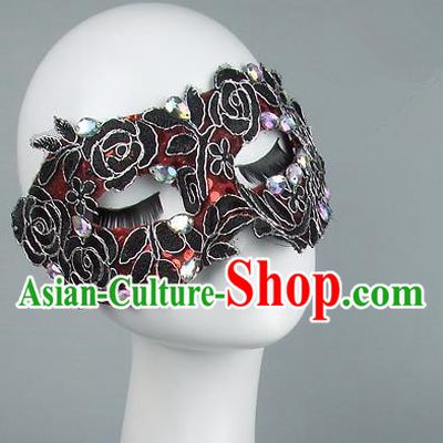 Top Grade Handmade Exaggerate Fancy Ball Model Show Red Crystal Mask, Halloween Ceremonial Occasions Face Mask