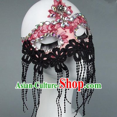 Top Grade Handmade Exaggerate Fancy Ball Model Show Lace Tassel Crystal Mask, Halloween Ceremonial Occasions Face Mask