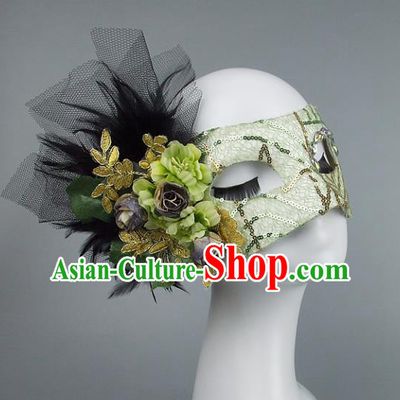 Top Grade Handmade Exaggerate Fancy Ball Model Show Veil Green Flowers Mask, Halloween Ceremonial Occasions Face Mask