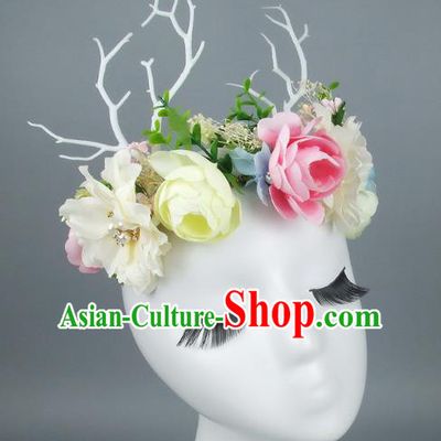 Asian Fancy Ball Flowers Branch Hair Accessories Model Show Headdress, Halloween Ceremonial Occasions Miami Deluxe Headwear