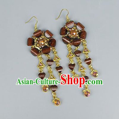 Top Grade Wedding Accessories Vintage Tassel Flower Earrings, Baroque Style Handmade Bride Brown Crystal Eardrop for Women