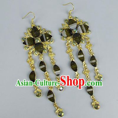 Top Grade Wedding Accessories Vintage Golden Tassel Green Crystal Earrings, Baroque Style Handmade Bride Eardrop for Women