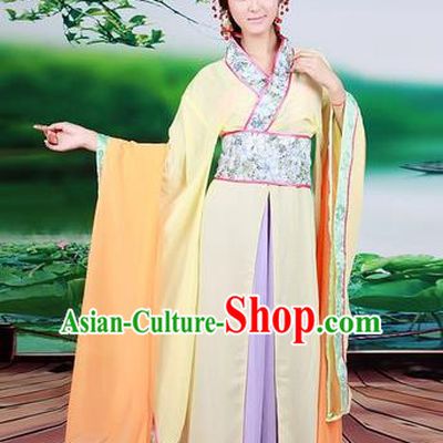 Asian China Ancient Han Dynasty Palace Lady Costume, Traditional Chinese Princess Hanfu Embroidered Yellow Dress Clothing for Women