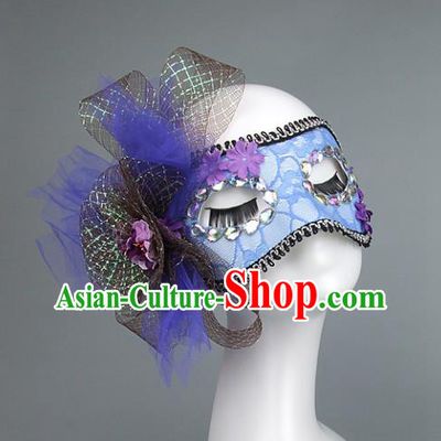 Top Grade Handmade Exaggerate Fancy Ball Accessories Model Show Blue Lace Bowknot Mask, Halloween Ceremonial Occasions Face Mask