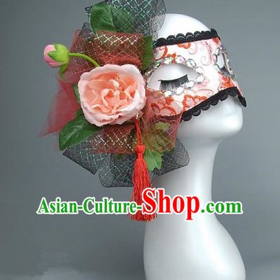 Top Grade Handmade Exaggerate Fancy Ball Accessories Red Lace Flowers Mask, Halloween Model Show Ceremonial Occasions Face Mask