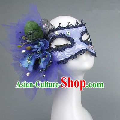 Top Grade Handmade Exaggerate Fancy Ball Accessories Blue Veil Mask, Halloween Model Show Ceremonial Occasions Face Mask