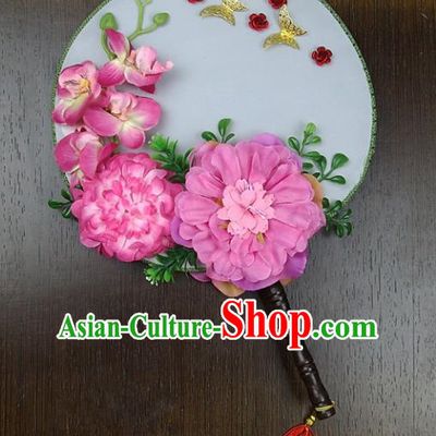 Traditional Handmade Chinese Ancient Wedding Pink Peony Round Fans, Hanfu Palace Lady Bride Mandarin Fans for Women