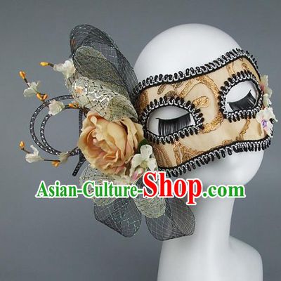 Top Grade Handmade Exaggerate Fancy Ball Accessories Model Show Orange Veil Bowknot Mask, Halloween Ceremonial Occasions Face Mask