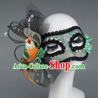 Top Grade Handmade Exaggerate Fancy Ball Accessories Model Show Veil Green Lace Mask, Halloween Ceremonial Occasions Face Mask