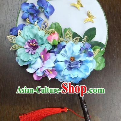 Traditional Handmade Chinese Ancient Wedding Blue Peony Round Fans, Hanfu Palace Lady Bride Butterfly Mandarin Fans for Women