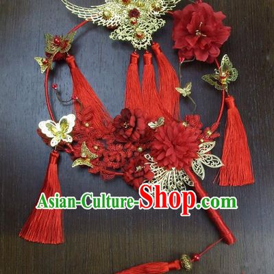 Traditional Handmade Chinese Ancient Wedding Xiuhe Suit Round Fans, Hanfu Palace Lady Bride Mandarin Fans for Women