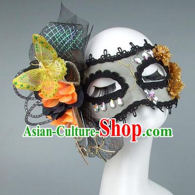 Top Grade Handmade Exaggerate Fancy Ball Accessories Black Veil Butterfly Mask, Halloween Model Show Ceremonial Occasions Face Mask