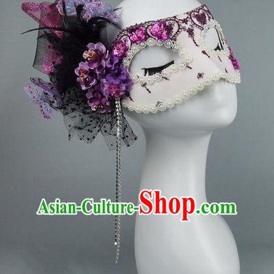 Top Grade Handmade Exaggerate Fancy Ball Accessories Purple Veil Mask, Halloween Model Show Ceremonial Occasions Face Mask