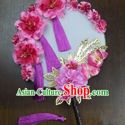 Traditional Handmade Chinese Ancient Wedding Pink Peony Tassel Round Fans, Hanfu Palace Lady Bride Mandarin Fans for Women