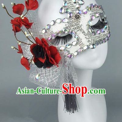 Top Grade Handmade Exaggerate Fancy Ball Accessories Red Flowers Paillette Mask, Halloween Model Show Ceremonial Occasions Face Mask