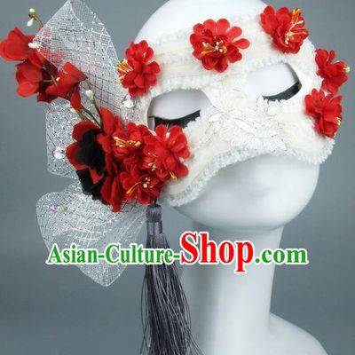 Top Grade Handmade Exaggerate Fancy Ball Accessories Red Flowers Lace Mask, Halloween Model Show Ceremonial Occasions Face Mask