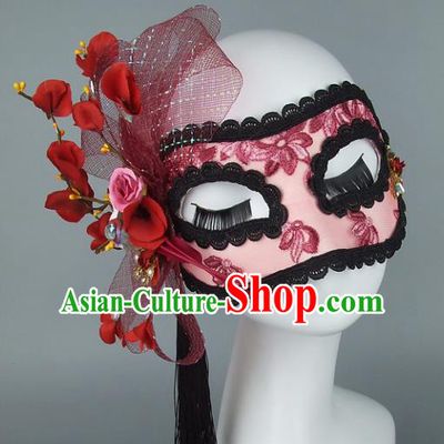 Top Grade Handmade Exaggerate Fancy Ball Accessories Red Veil Lace Mask, Halloween Model Show Ceremonial Occasions Face Mask
