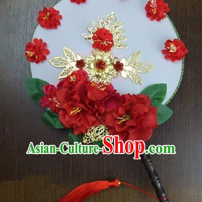Traditional Handmade Chinese Ancient Wedding Red Peony Xiuhe Suit Round Fans, Hanfu Palace Lady Bride Mandarin Fans for Women