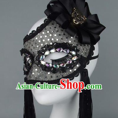 Top Grade Handmade Exaggerate Fancy Ball Accessories Black Lace Mask, Halloween Model Show Ceremonial Occasions Face Mask