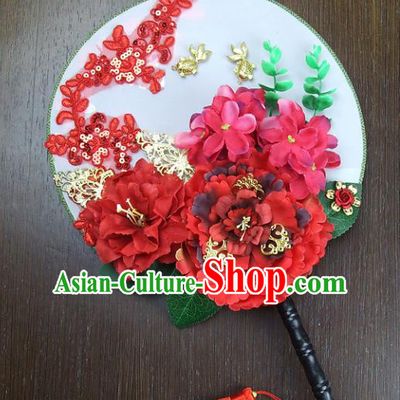Traditional Handmade Chinese Ancient Wedding Red Peony Round Fans, Hanfu Palace Lady Bride Xiuhe Suit Mandarin Fans for Women
