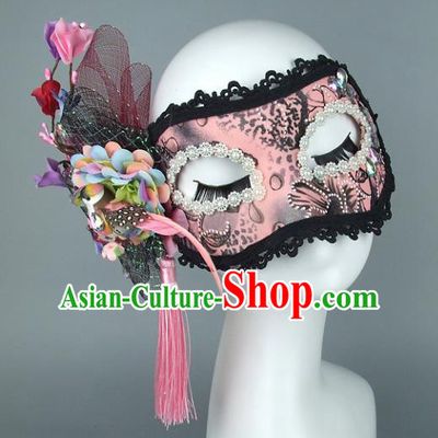 Top Grade Handmade Exaggerate Fancy Ball Accessories Pink Lace Mask, Halloween Model Show Ceremonial Occasions Face Mask
