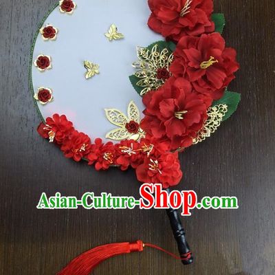 Traditional Handmade Chinese Ancient Wedding Red Flowers Butterfly Round Fans, Hanfu Palace Lady Bride Xiuhe Suit Mandarin Fans for Women