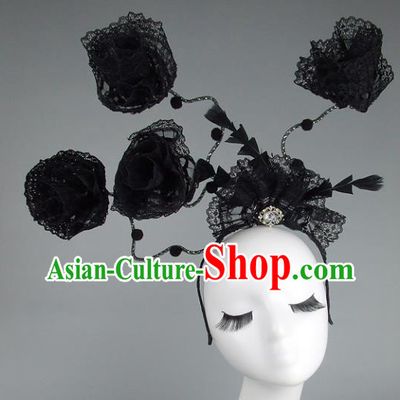 Handmade Halloween Black Lace Hair Accessories Model Show Headdress, Halloween Ceremonial Occasions Miami Deluxe Exaggerate Fancy Ball Headwear