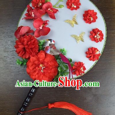 Traditional Handmade Chinese Ancient Wedding Red Flowers Butterfly Round Fans, Hanfu Palace Lady Bride Xiuhe Suit Mandarin Fans for Women