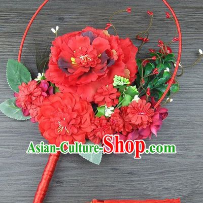 Traditional Handmade Chinese Ancient Wedding Red Flowers Butterfly Round Fans, Hanfu Palace Lady Bride Xiuhe Suit Mandarin Fans for Women