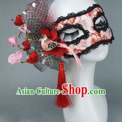 Top Grade Handmade Exaggerate Fancy Ball Accessories Red Lace Bowknot Mask, Halloween Model Show Ceremonial Occasions Face Mask