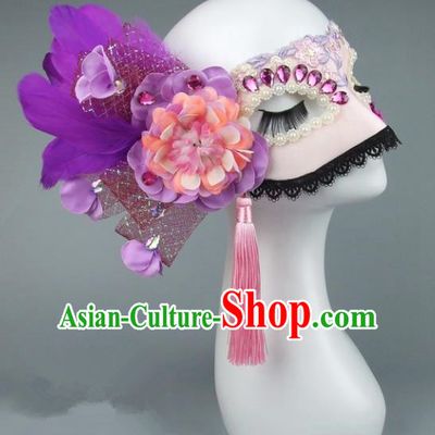 Top Grade Handmade Exaggerate Fancy Ball Accessories Purple Feather Veil Mask, Halloween Model Show Ceremonial Occasions Face Mask