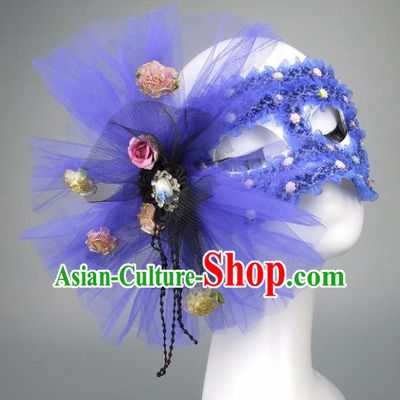 Handmade Halloween Fancy Ball Accessories Cat Blue Veil Mask, Ceremonial Occasions Miami Model Show Face Mask