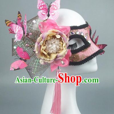 Handmade Halloween Fancy Ball Accessories Pink Flowers Butterfly Crystal Mask, Ceremonial Occasions Miami Model Show Face Mask