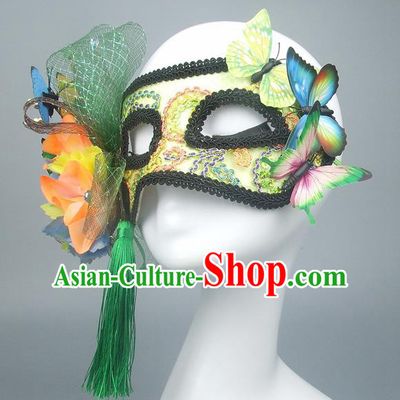 Handmade Halloween Fancy Ball Accessories Green Flowers Butterfly Mask, Ceremonial Occasions Miami Model Show Face Mask