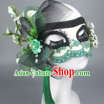 Handmade Halloween Fancy Ball Accessories Green Flowers Mask, Ceremonial Occasions Miami Model Show Lace Face Mask