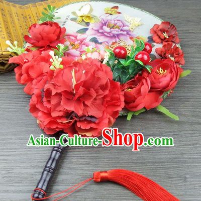 Traditional Handmade Chinese Ancient Wedding Red Flowers Butterfly Round Fans, Hanfu Palace Lady Bride Xiuhe Suit Mandarin Fans for Women